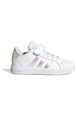 Adidas Grand Court 2.0 EL C – Weiße Sneakers mit schillernden Streifen und Klettverschluss