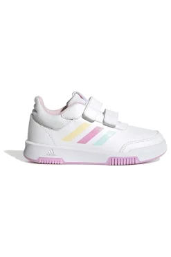 Adidas Tensaur Sport 2 CF K weiße Schuhe mit pastellfarbenen Details und Klettverschluss