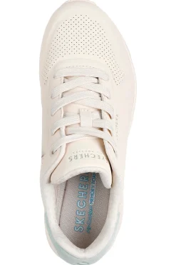 Beige Turnschuhe mit salbeigrünen Einsätzen und Skech-Air Skechers Uno Pop Back