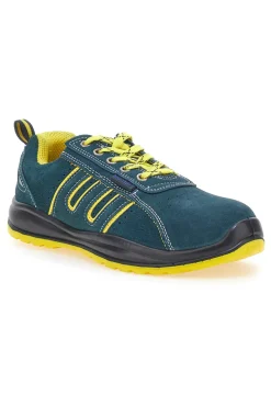 Blaue Sicherheitsschuhe mit gelben Einsätzen aus Blue Star BS 80 Leder