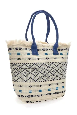 Borsa in tessuto bianco con manici blu e motivo etnico Basile BA24601