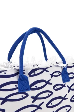 Borsa mare bianca e blu in tessuto con frange Selun beach 261020