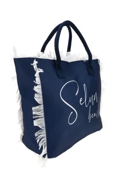 Borsa mare blu in tessuto con frange Selun beach 261008