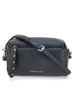 Borsa nera in vera pelle con tracolla e tasche interne First Lady SL 99138