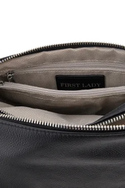 Borsa nera in vera pelle con manico corto e tracolla removibili First Lady SL 58809