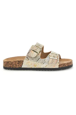 Ciabatte Beige con trama multicolore pitonata e doppia fibbia Prima riga 14601