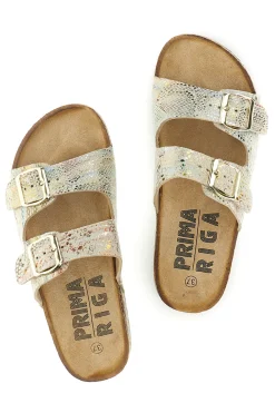 Ciabatte Beige con trama multicolore pitonata e doppia fibbia Prima riga 14601