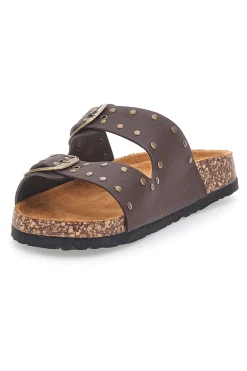 Ciabatte marroni in denim con borchie e doppia fibbia PITTARELLO SUN SR001