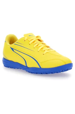 Gelbe Fußballschuhe und blaue Sohle von Puma Vitoria TT JR