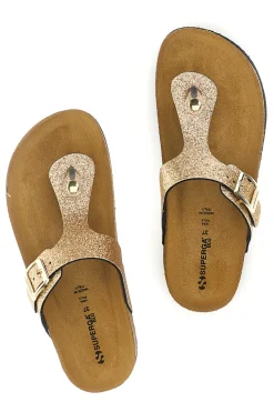 Goldfarbene Zehenstegslipper mit Glitzer und Lederinnensohle Superga S31Y820