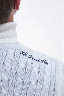 Maglione dolcevita bianco con lavorazione treccia U.S. Grand Polo US52207M