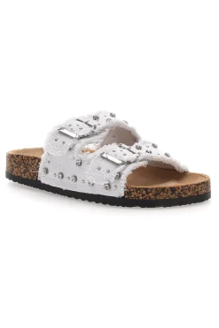 Me & Me 12502 Damen-Sandalen aus weißem Denim mit doppeltem Fransenband und Nieten