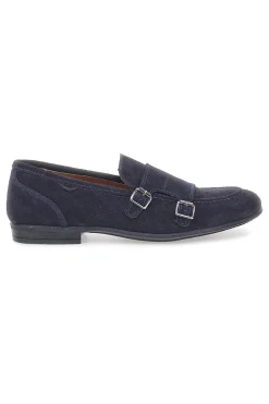 Mocassini da uomo blu scuro con doppia fibbia in pelle calzata ampia Ptr 4077