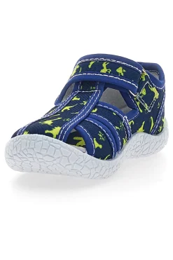 PITT KIDS PK2492D Blaue Sandalen für die ersten Schritte mit gelben Dinosauriern, geschlossene Zehenpartie