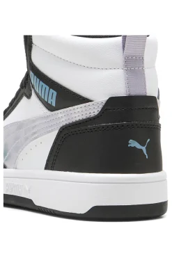 Puma Rebound V6 Mid Space Belle Jr – Schwarze und weiße High-Top-Sneaker mit schillernden Details