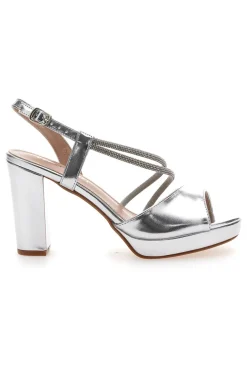 Sandali Argento Con Tacco 9,5 Cm e Strass Da Donna First Lady 455