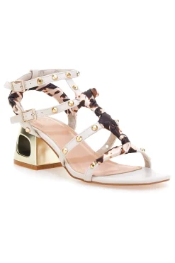 Sandali beige con borchie, lacci animalier e tacco geometrico Mon Dieu 1652