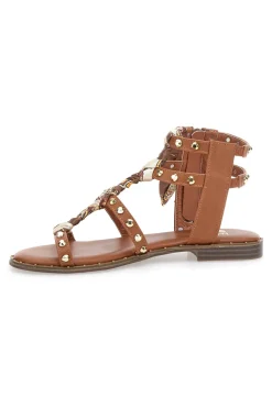 Sandali cuoio con borchie e lacci animalier Me & Me 1660