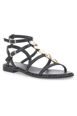 Sandali neri bassi con fascette incrociate e dettagli oro Me & Me 661