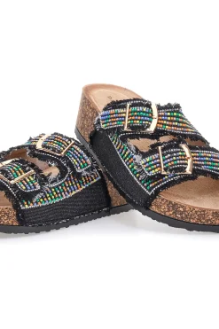 Sandali neri con perline multicolor e doppia fibbia Dame Rose APY66