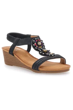 Sandali Neri Con Zeppa e Perline Prima Riga FT0893