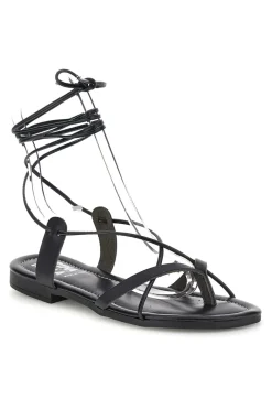 Sandali neri in vera pelle Made in Italy con lacci Prima riga 711