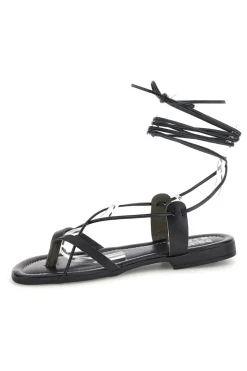 Sandali neri in vera pelle Made in Italy con lacci Prima riga 711