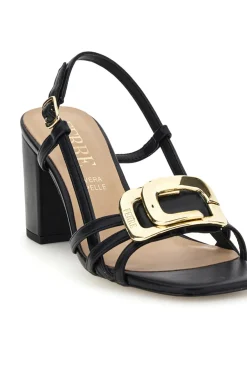 Sandalo nero con tacco e sottopiede in pelle Ferre F884