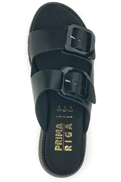 Schwarzer Slipper mit doppeltem Riemen und Schnallen Prima riga V113