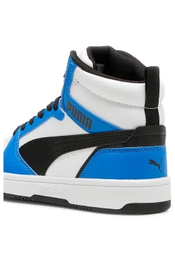 Sneakers alte bianche blu e nere stile basket Puma Rebound V6 Mid Jr