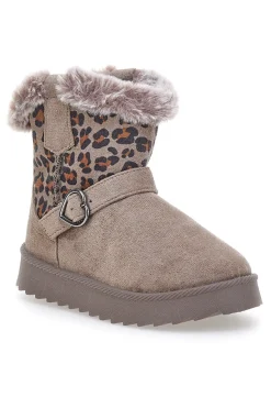 Taupefarbene Stiefeletten mit Animal-Print-Einsätzen und Fellfutter. Danke 1642