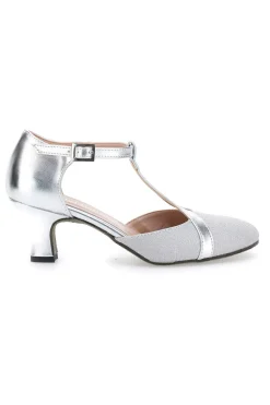 The First Dance 6554 Silberne T-Riemen-Tanzschuhe mit Echtledersohle