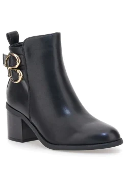 The First P635 Schwarze Stiefeletten mit Absatz und doppelter goldener Schnalle