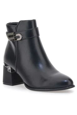 The First P619 Schwarze Stiefeletten mit mittelhohem Absatz und Schmuckriemen
