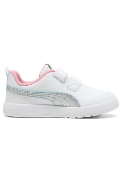 Weiße Sneaker mit blauen und rosa Details, Doppelriemen, Puma Courtflex V3 Space Belle V PS