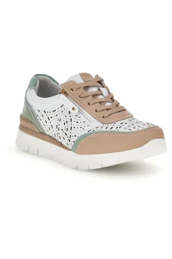 Weiße Turnschuhe mit Details in Beige und Salbei Obermaterial aus Leder Prima riga 33314