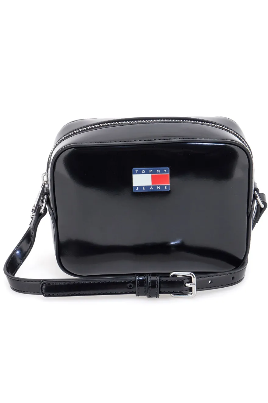 Borsa a tracolla nera effetto lucido Tommy Camera Bag