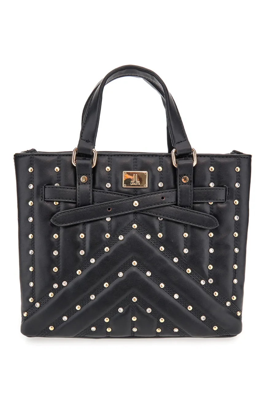Borsa nera con borchie e tracolla removibile Lancetti CLASH