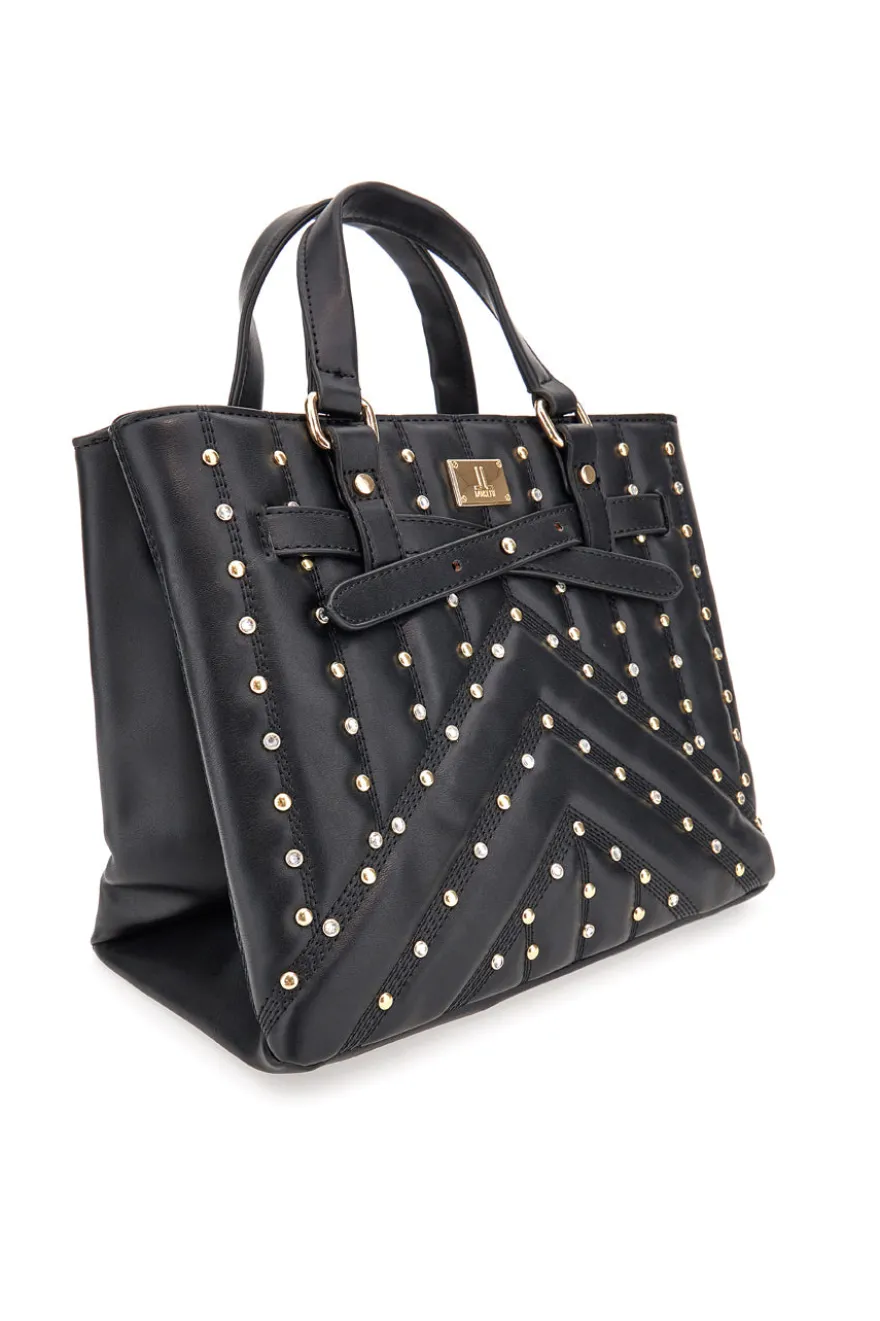 Borsa nera con borchie e tracolla removibile Lancetti CLASH