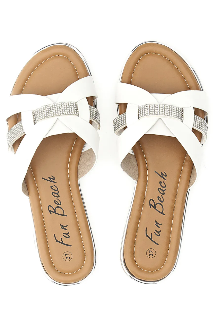 Ciabatte bianche con fasce incrociate e strass Fun Beach 14217