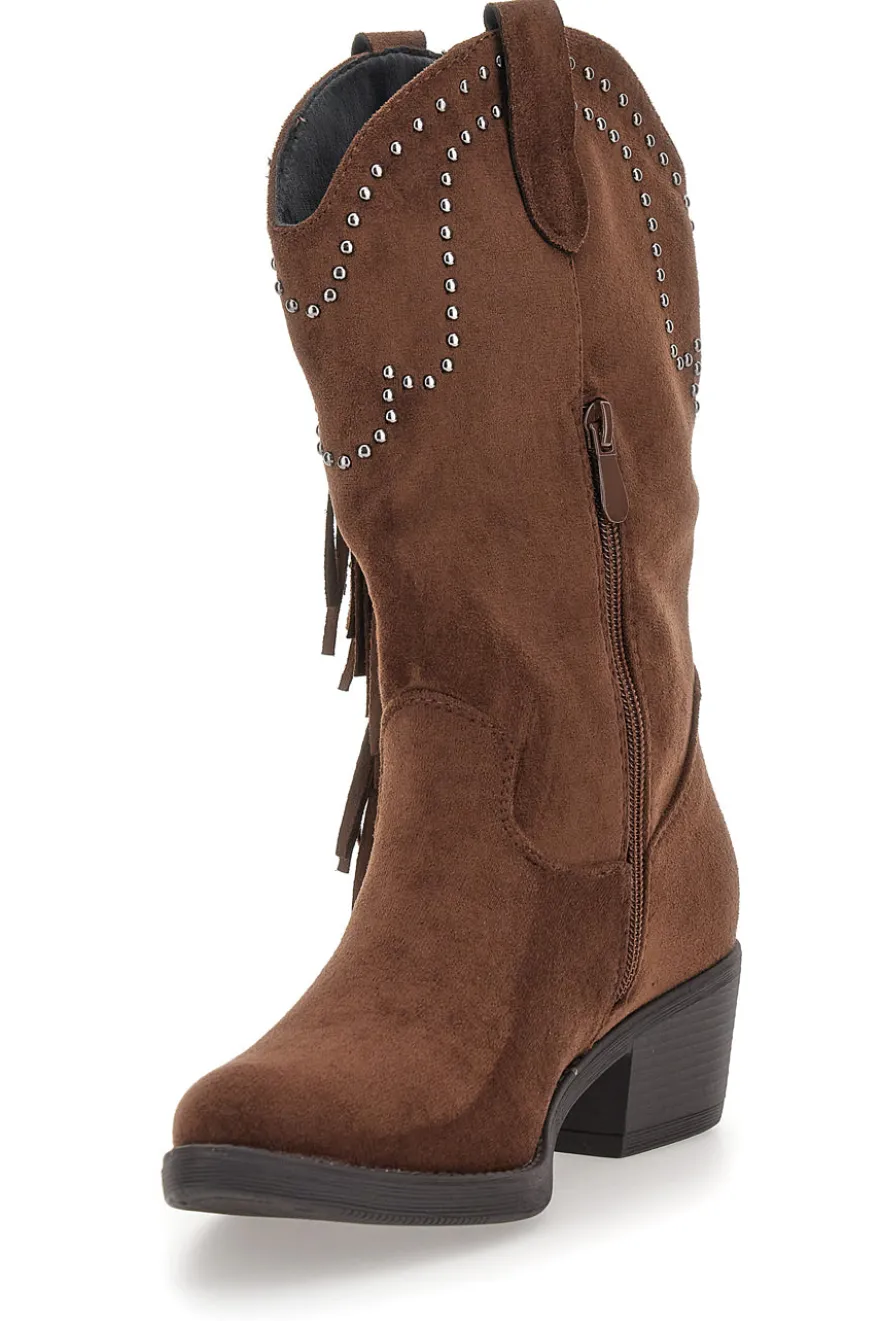 Die ersten braunen Cowboystiefel P637 mit Fransen und Nieten