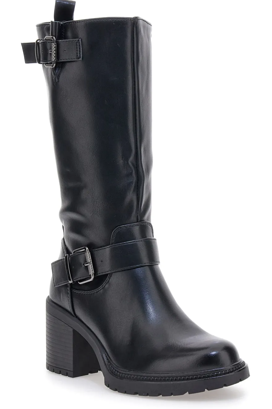 Energy I358 Schwarze Stiefel mit Blockabsatz und Schnalle