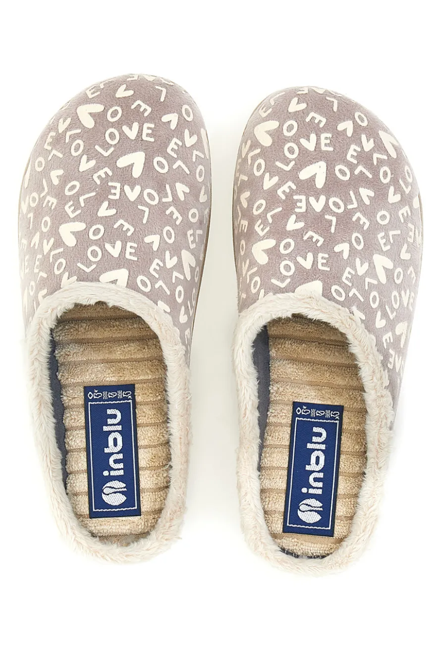 Pantofola taupe con scritte e fodera in pelliccia Inblu 32ET