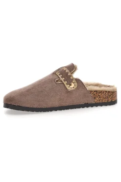 Pantofole taupe con fibbia e interno con pelo Altemberg 1107