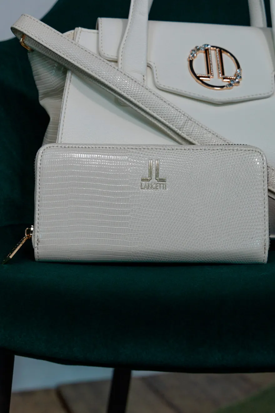Portafoglio avorio con zip e texture lucertola Lancetti 25S-258-1/PF