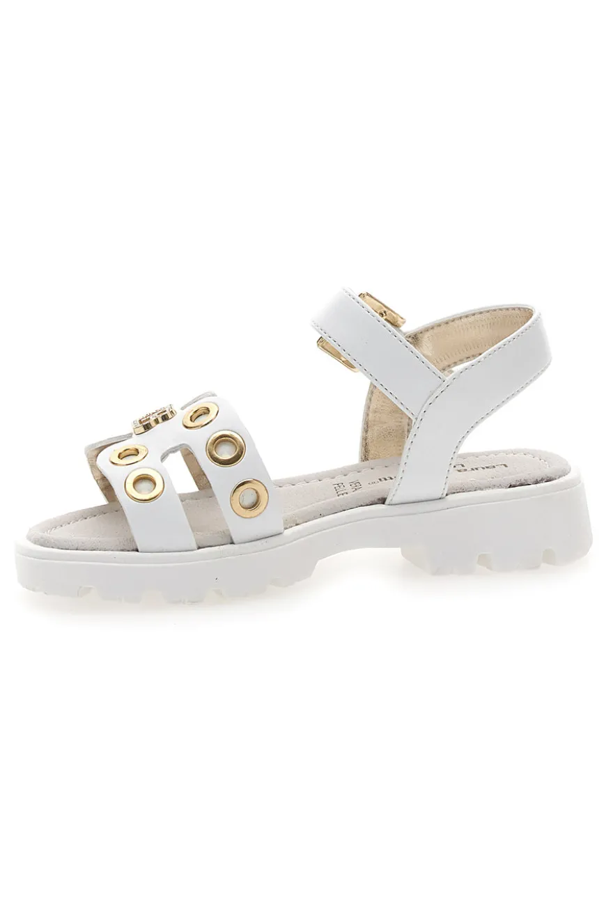 Sandali bianchi con borchie oro e logo gioiello Laura Biagiotti G1728316313