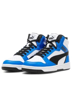 Sneakers alte bianche blu e nere stile basket Puma Rebound V6 Mid Jr