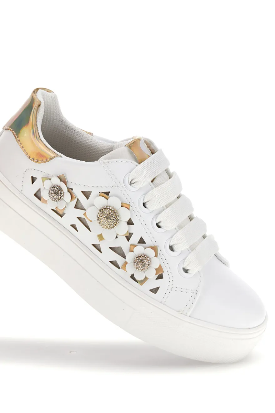 Sneakers bianche con fiori e inserti oro Laura Biagiotti L9858C9760
