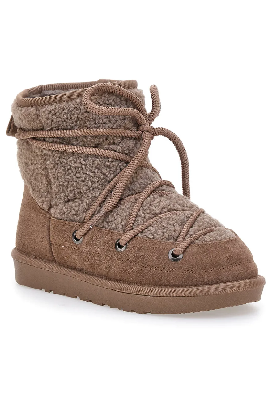 Stivaletti Doposci marroni con pelo e inserti in tessuto teddy e lacci Mon Dieu L1215