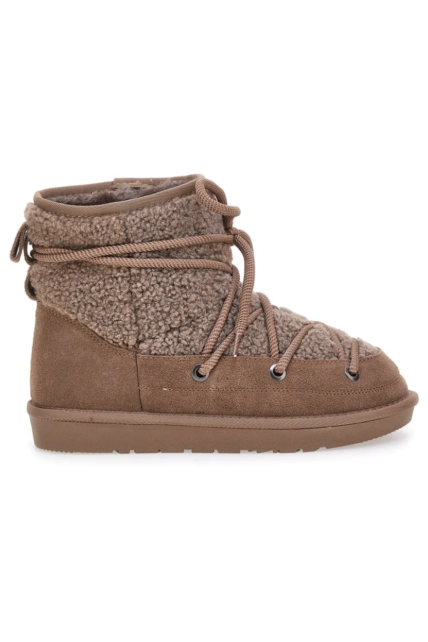 Stivaletti Doposci marroni con pelo e inserti in tessuto teddy e lacci Mon Dieu L1215